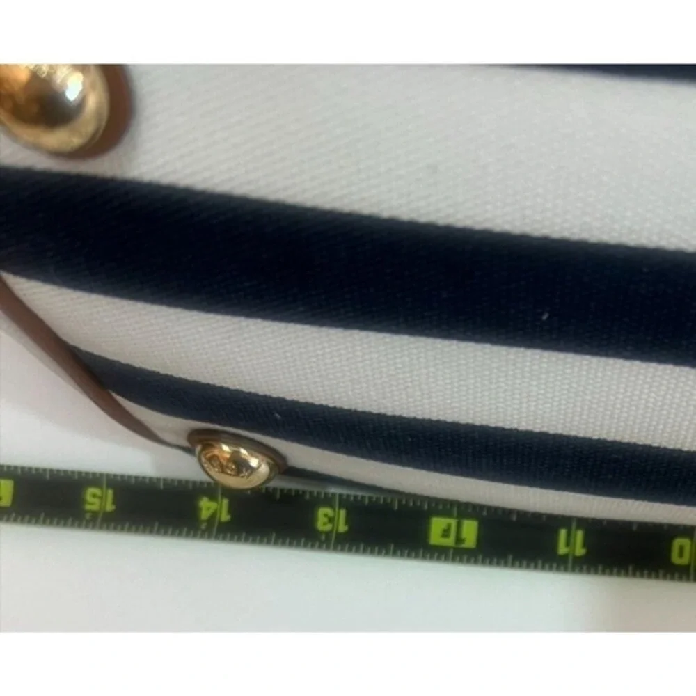 Michael Kors Shoulder Bag Tote Purse Striped Navy White Tan Leather Nautical - Picture 9 of 11